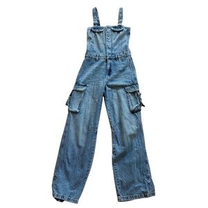 Zara TRF Women's Denim Cargo Wide Straight Leg Overalls Blue S Bloggers Favorite